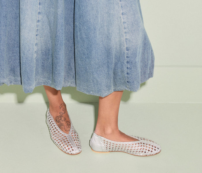 Freda Salvador Riley open weave ballet flat in silver metallic with breathable open weave design and soft flat sole.