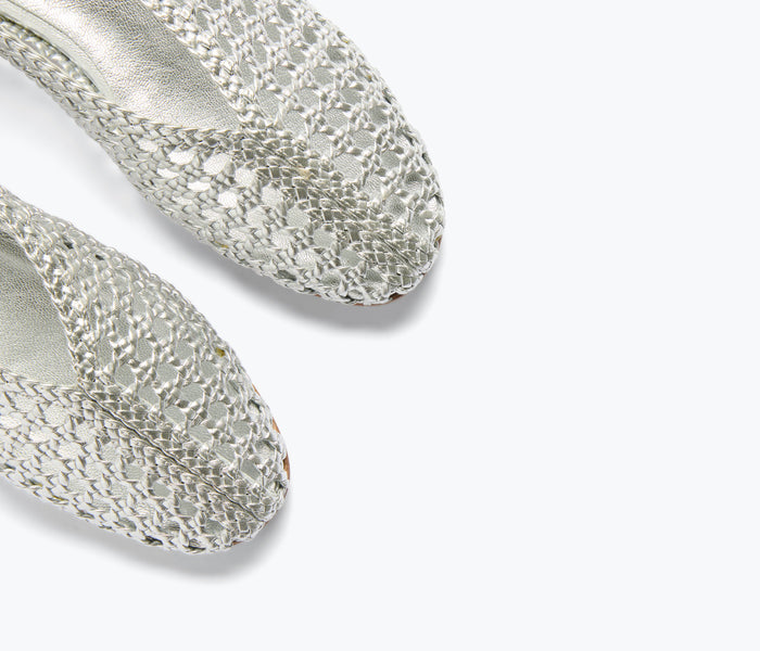 Freda Salvador Riley open weave ballet flat in silver metallic with detailed woven design on the upper.