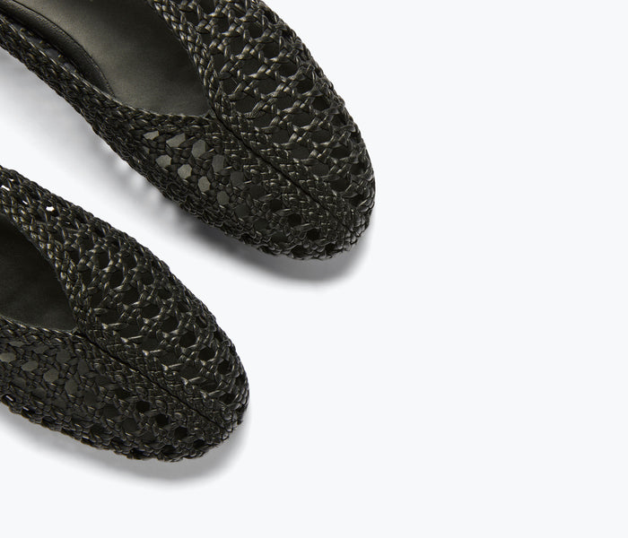 Black Riley open weave ballet flat by Freda Salvador featuring a sleek design and detailed woven upper.