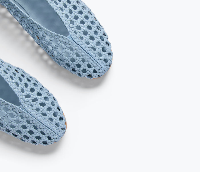 Freda Salvador Riley open weave ballet flat in sky blue with woven detailing and a sleek, minimalist design.