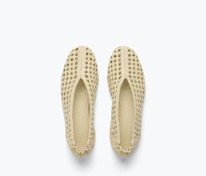 Freda Salvador Riley open weave ballet flat in vanilla with breathable open-knit design and sleek flat sole.