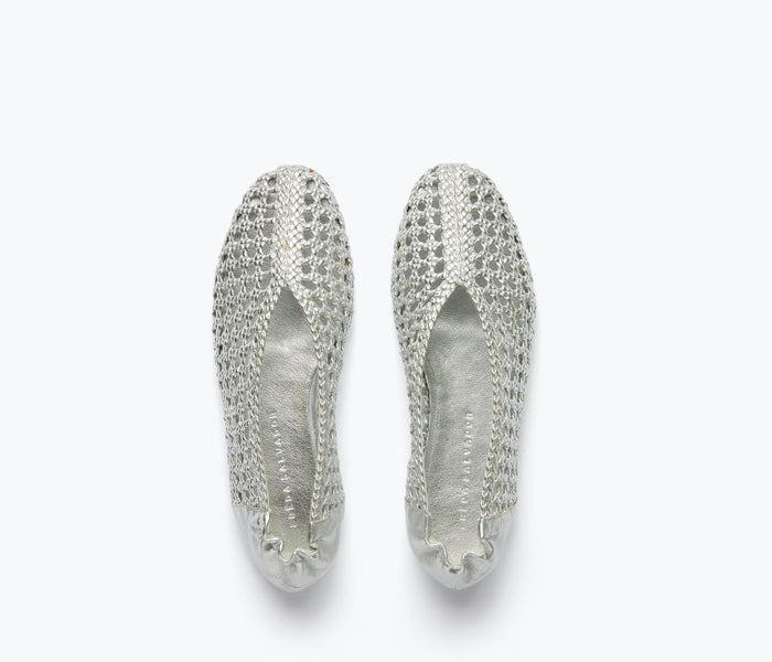 Freda Salvador Riley open weave ballet flat in silver metallic with a stylish, breathable open weave design for women.