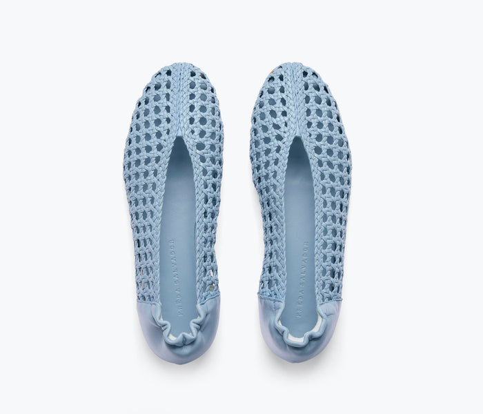 Sky blue Freda Salvador Riley open weave ballet flat with a sleek, minimalist design and breathable open weave detail.