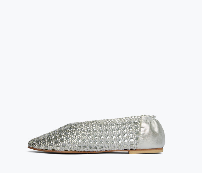 Freda Salvador Riley open weave ballet flat in silver metallic with inside view showing textured woven design and soft insole.