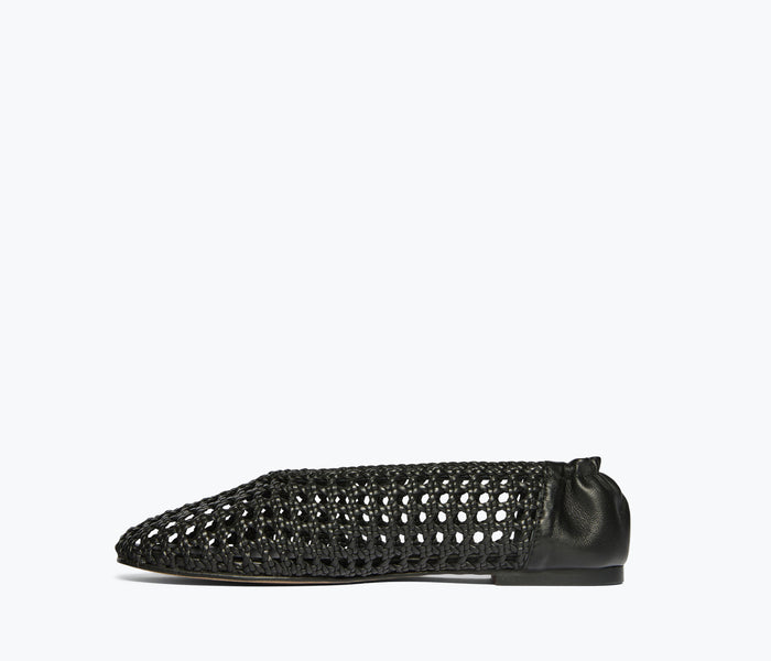 Black Freda Salvador Riley open weave ballet flat shown from inside view with detailed woven design and soft interior lining.