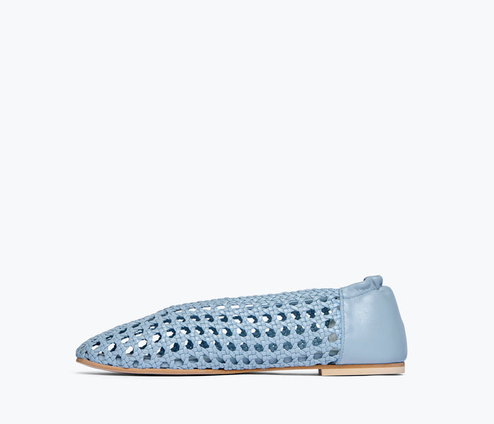 Freda Salvador Riley open weave ballet flat in sky blue, showing the inside view with woven detailing and comfortable flat sole.