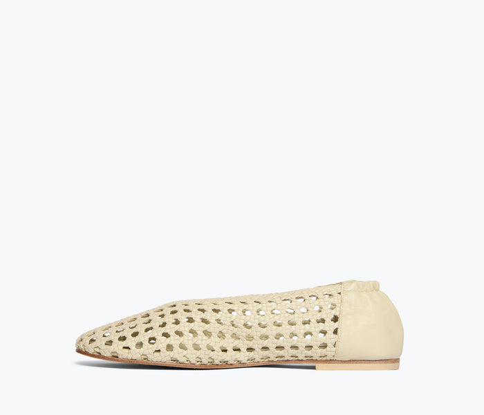 Freda Salvador Riley open weave ballet flat in vanilla color, showing the inside and textured woven design.