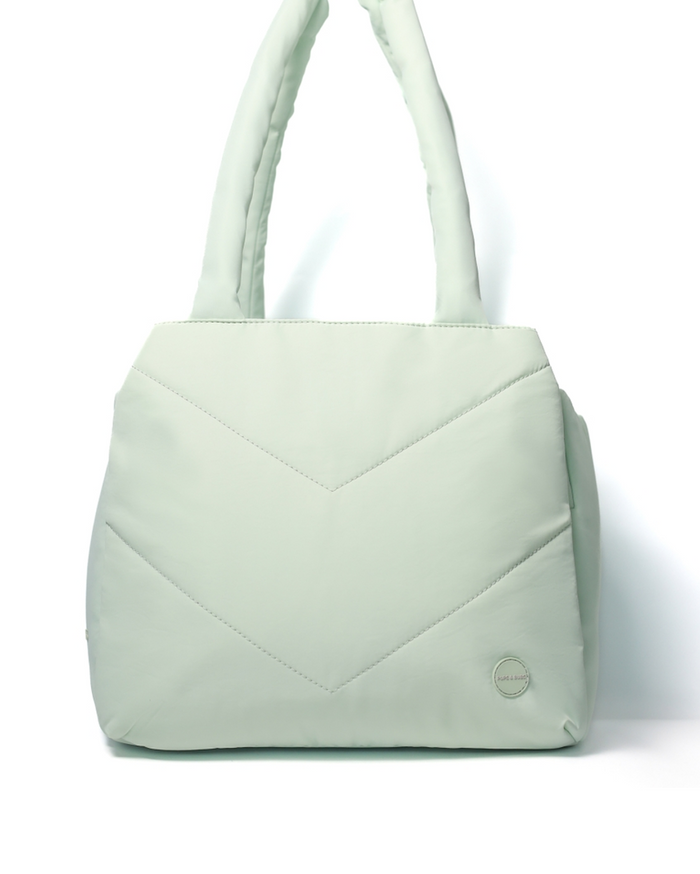 Mint pet carrier tote for easy travel with small to medium dogs like Cocker Spaniels and Bulldogs.