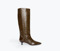 FREDA SALVADOR Robyn tall boot in cedar embossed croc leather with front view, stylish and textured footwear.