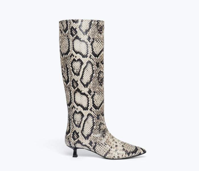 Fredas Salvador Robyn tall boot in black snake print, featuring a sleek design with a pointed toe and high heel.