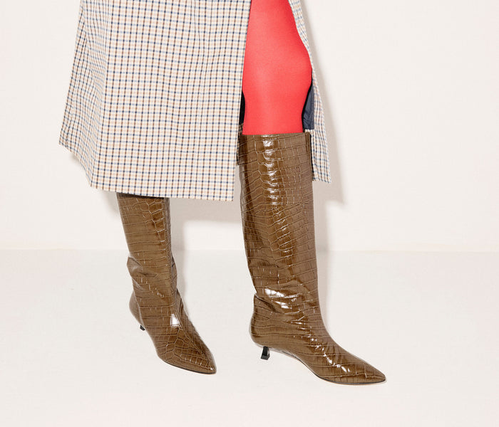 FREDA SALVADOR Robyn tall boot in cedar embossed crocodile leather, featuring a sleek silhouette and textured finish.