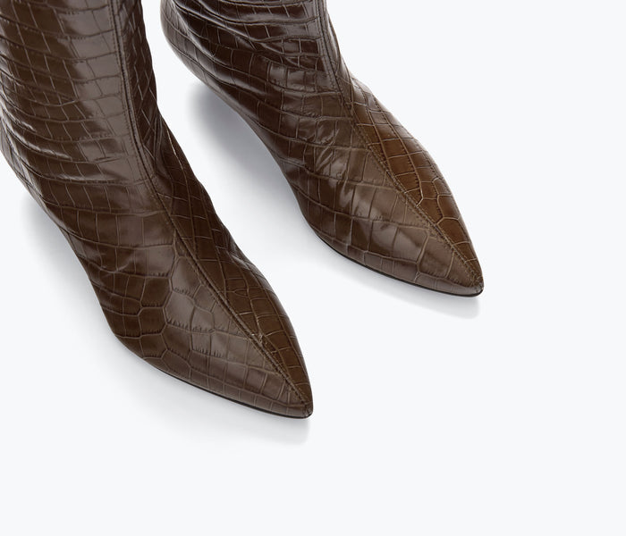 Freda Salvador Robyn tall boot in cedar embossed crocodile leather with detailed texture and sleek design.