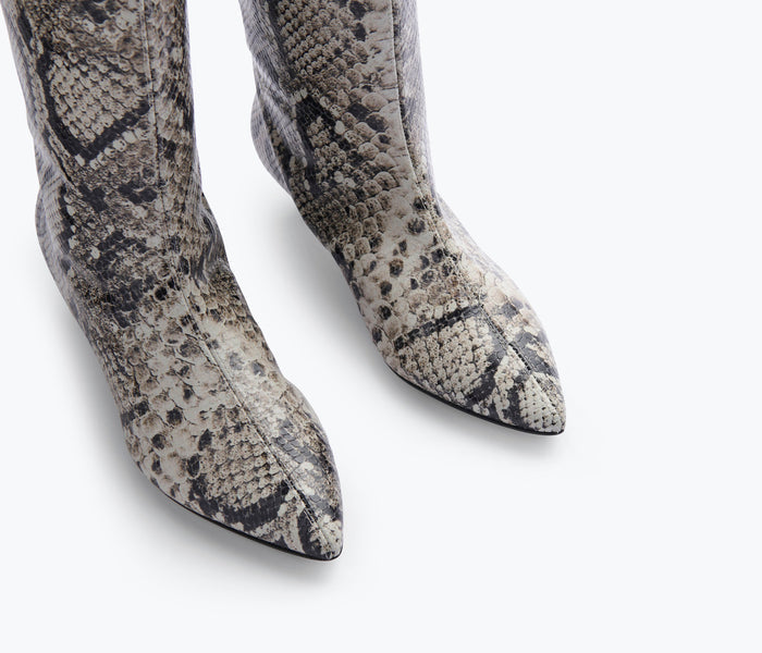 Freda Salvador Robyn tall boot with snake-print toe, sleek black leather design, stylish and elegant footwear for women