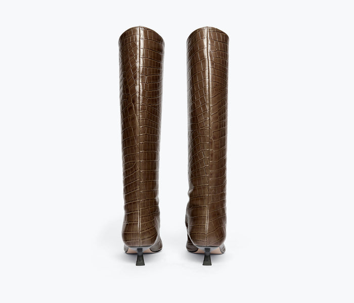FREDA SALVADOR Robyn tall boot in cedar embossed croc eel leather, stylish knee-high footwear with textured pattern.