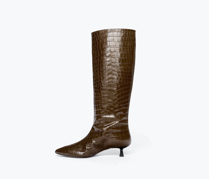 FREDA SALVADOR Robyn tall boot in cedar embossed croc leather, showing inside view with textured crocodile pattern and sleek design.