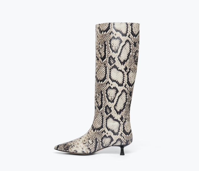 Freda Salvador Robyn tall boot with black snake-embossed leather, inside view showing sleek design and pointed toe.