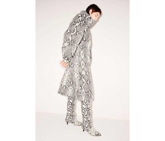 Freda Salvador Robyn tall snake-print boot with pointed toe and block heel, stylish footwear on a neutral background.