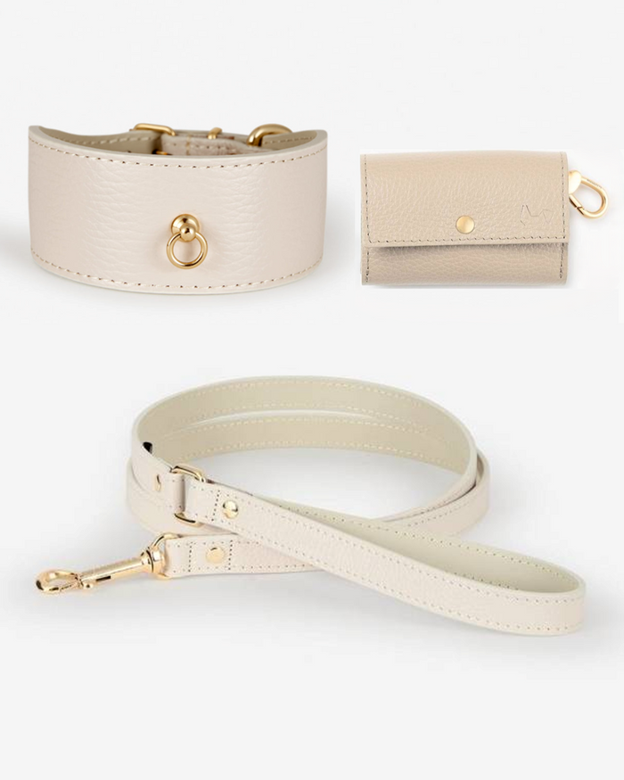 ivory leather dog collar walk kit with leash and bag holder, premium italian pet accessories set