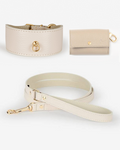 ivory leather dog collar walk kit with leash and bag holder, premium italian pet accessories set