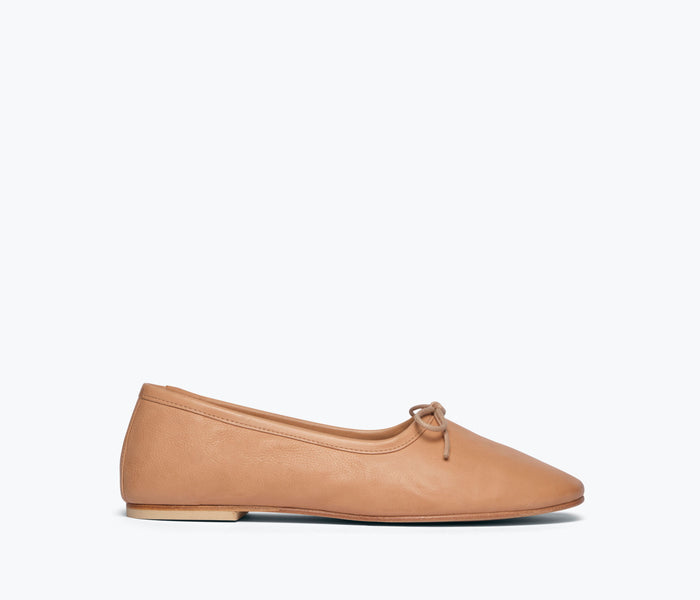 Freda Salvador Roma round toe ballet flat in camel calf leather, front view showing sleek design and soft material.