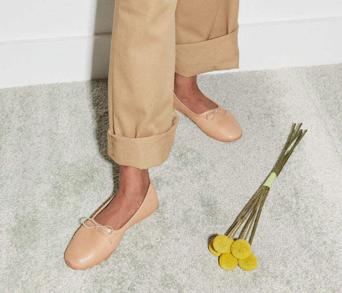 Freda Salvador Roma round toe ballet flat in camel calf leather, featuring a sleek design and comfortable flat sole.
