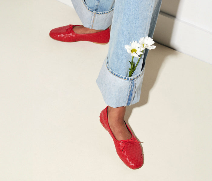 FREDA SALVADOR Roma round toe ballet flat in crimson red woven calf leather, stylish and comfortable women's flat shoe.