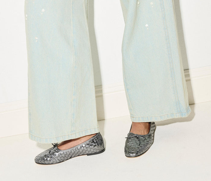 Freda Salvador Roma round toe ballet flat in gunmetal leather with a sleek, minimalist design and comfortable flat sole.
