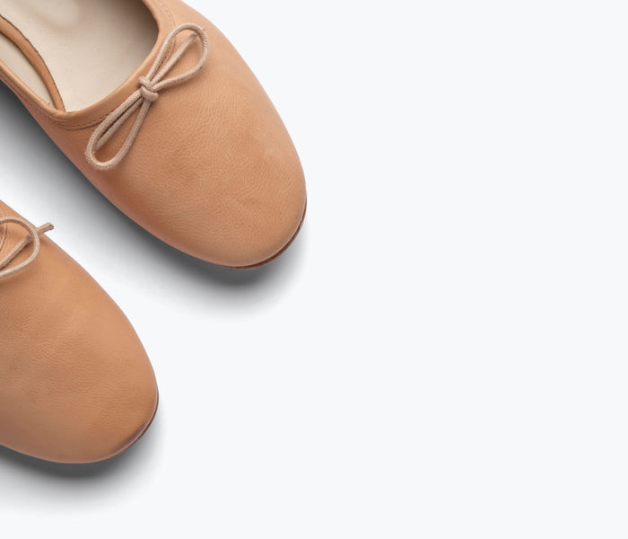 Freda Salvador Roma round toe ballet flat in camel calf leather, showcasing sleek design and stitching detail.