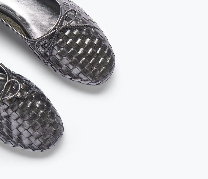 Freda Salvador Roma round toe ballet flat in gunmetal leather with detailed stitching and sleek, classic design.
