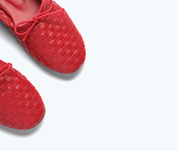 Red Roma round toe ballet flat by Freda Salvador, showcasing the elegant design and smooth leather finish.