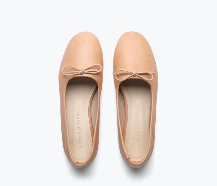 FREDA SALVADOR Roma round toe ballet flat in camel calf leather, featuring a sleek, minimalist design and comfortable flat sole.