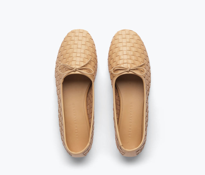 Freda Salvador Roma round toe ballet flat in latte color with woven calf leather upper, showcasing a sleek and comfortable design.