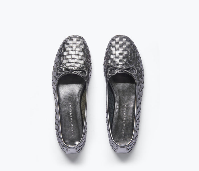 Freda Salvador Roma round toe ballet flat in gunmetal with sleek leather upper and classic flat sole.