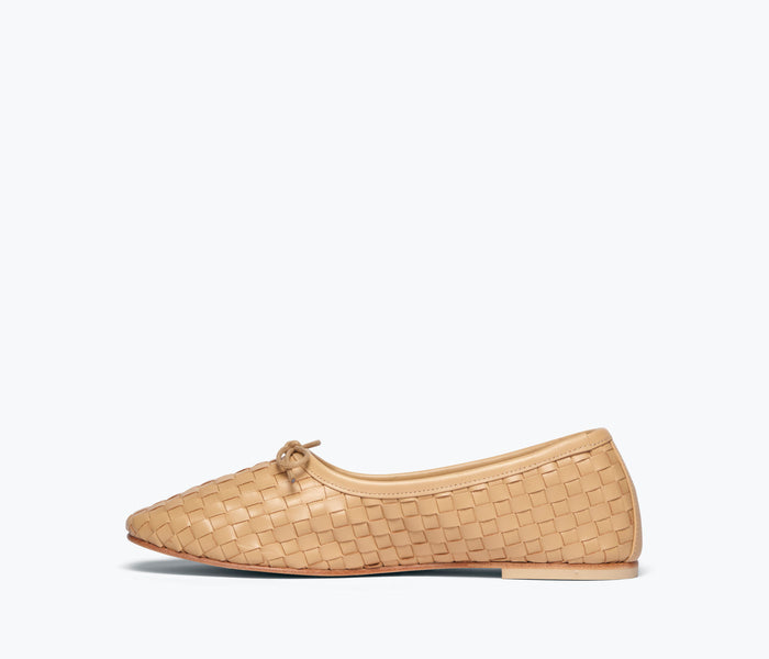 Freda Salvador Roma round toe ballet flat in latte color with woven calf leather, showing the inside view of the flat.