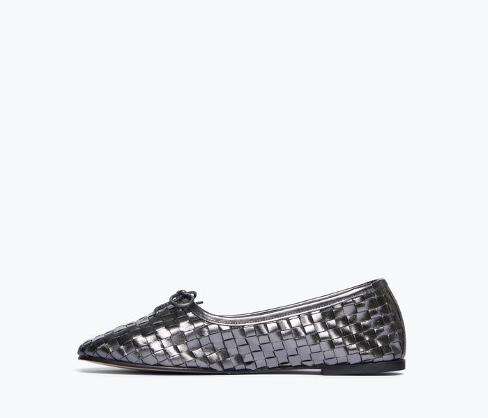 Freda Salvador Roma round toe ballet flat in gunmetal leather, showing the interior and stylish design details.