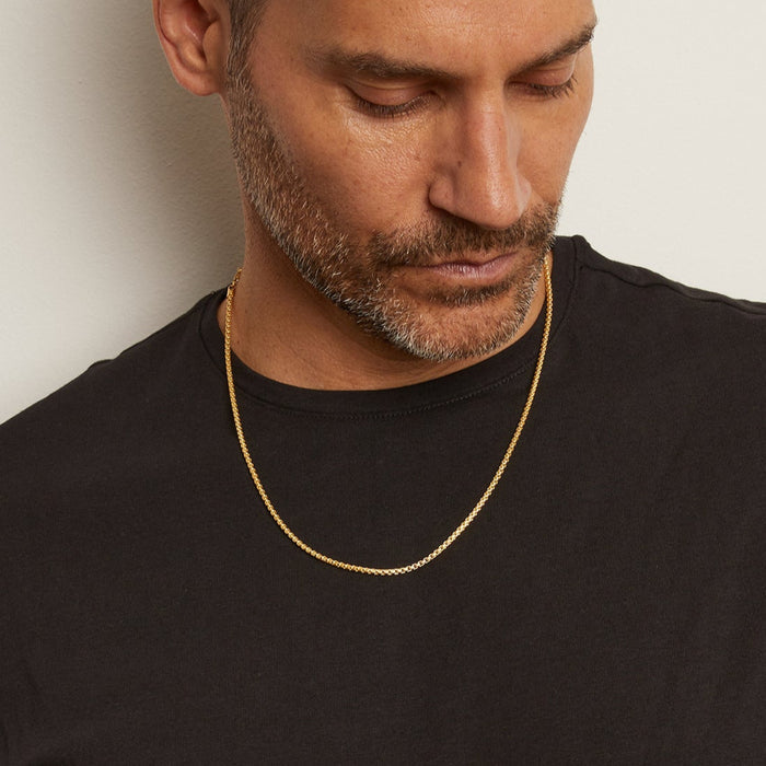 Model. Man wearing a black t-shirt and gold jewelry against a plain background