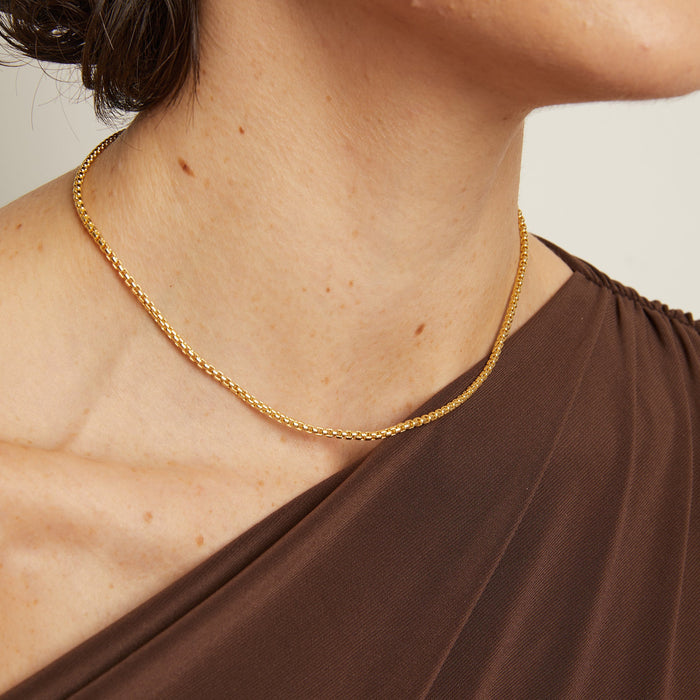 Model. Close-up of a person wearing a gold necklace with a plain background
