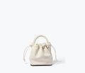 Freda Salvador Ruby bucket bag in bone calf leather, front view showcasing sleek design and compact size.