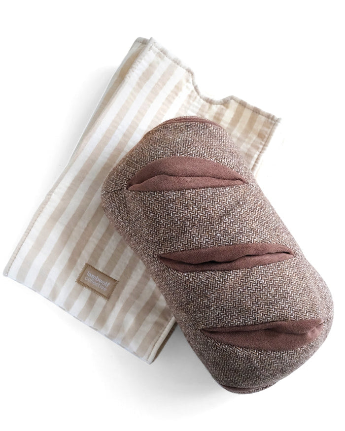 plush baguette dog toy with squeakers and enrichment pockets, interactive toy for treat hiding and play