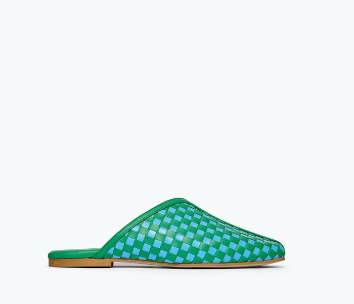 Freda Salvador Saanvi woven leather slide mule in Kelly green and blue with front woven detail.