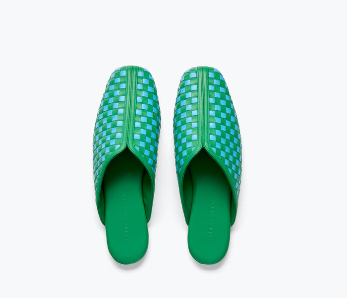 Fredas Salvador Saanvi woven leather mule slide in Kelly green and blue with a textured woven top.