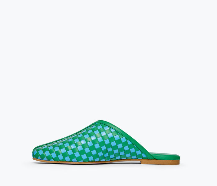 Freda Salvador Saanvi woven leather slide mule in Kelly green and blue with woven interior design