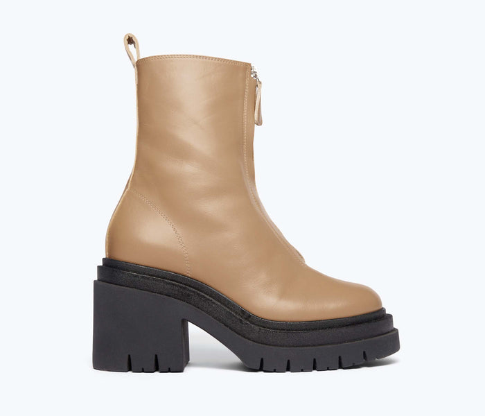 Freda Salvador Sadie platform boot in latte color with front view showcasing its stylish design and chunky sole.