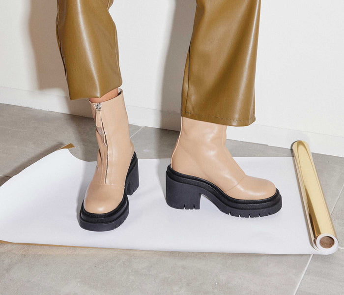 FREDA SALVADOR Sadie Platform Boot in latte color, showcasing stylish ankle boots with chunky heels and sleek leather finish.