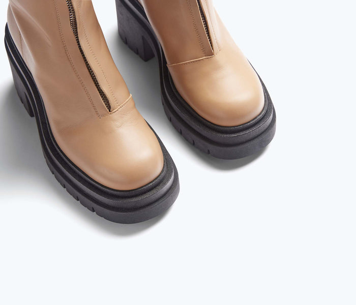 FREDA SALVADOR Sadie platform boot in latte color, featuring chunky heel and stylish ankle design, on a white background.