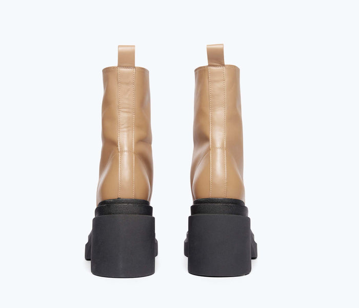 Freda Salvador Sadie Platform Boot in latte color, back view showing chunky heel and stylish design.