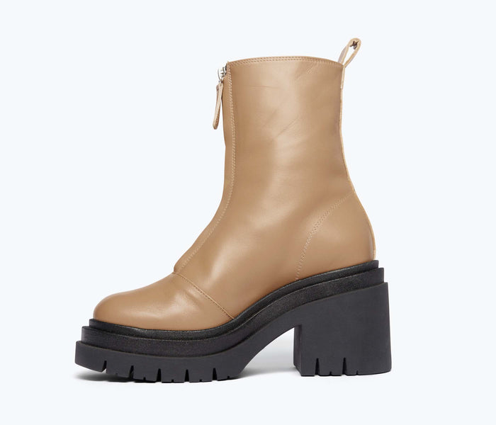Freda Salvador Sadie platform boot in latte color with inside view showing textured leather and chunky heel.