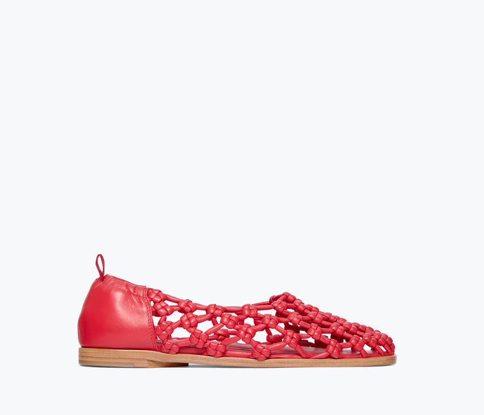 Fredrik Salvador Sally woven leather flat shoe in crimson, front view showing knotted calf leather design.
