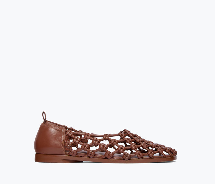 Fredas Sally Woven Leather Flat in chocolate, front view showing knotted calf leather design and sleek flat silhouette.