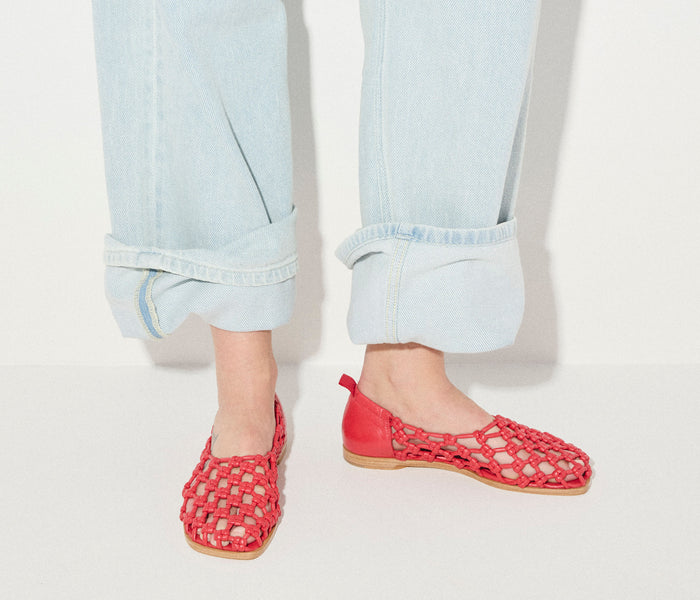 Freda Salvador Sally woven leather flat in crimson with knotted calf leather design, showcasing the stylish and comfortable flat shoe.